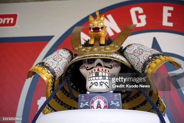 Photo taken on April 8 in Anaheim, California, shows a samurai warrior helmet, called a "kabuto" in Japanese, used by the Los Angeles Angels starting...