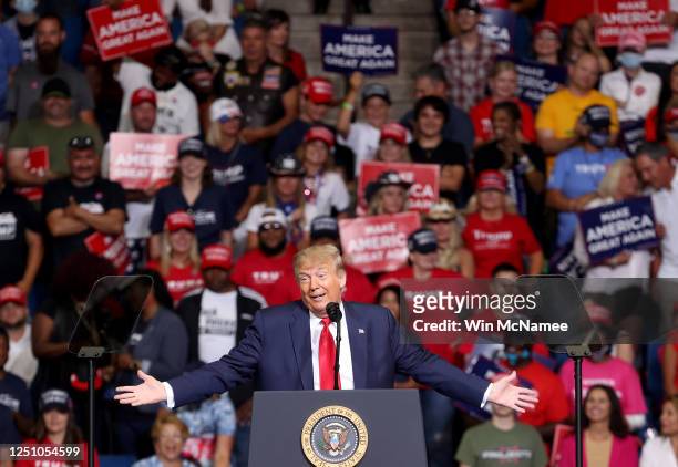 President Donald Trump speaks at a campaign rally at the BOK Center, June 20, 2020 in Tulsa, Oklahoma. Trump is holding his first political rally...