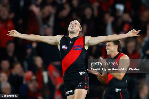 Mason Redman of the Bombers celebrates a goal during the 2023 AFL Round 04 match between the Essendon Bombers and the GWS Giants at Marvel Stadium on...