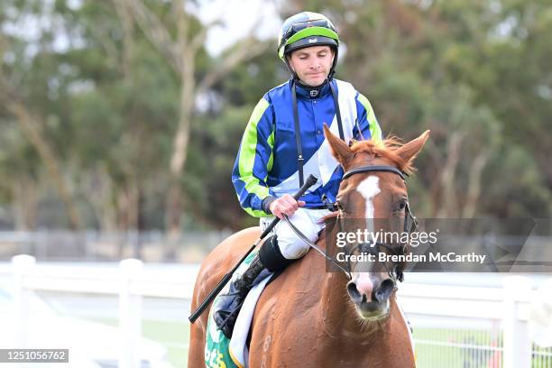 Festivus ridden by Declan Bates returns to the mounting yard after winning the Grampians Racing BM64 Handicap at Stawell Racecourse on April 09, 2023...