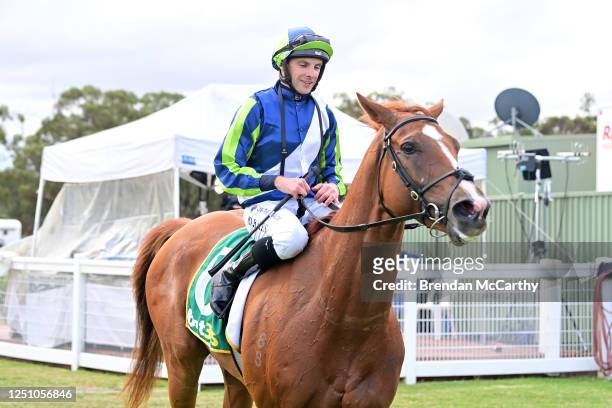 Festivus ridden by Declan Bates returns to the mounting yard after winning the Grampians Racing BM64 Handicap at Stawell Racecourse on April 09, 2023...