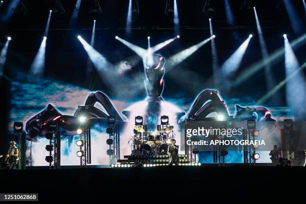 Rudolf Schenker, Klaus Meine and Mikkey Dee of Scorpions perform during a concert as part of the Rock Believer Tour 2023 at Cuscatlan stadium on...