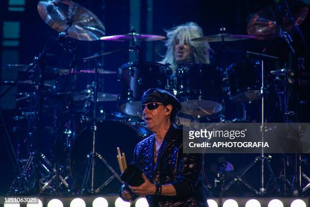 Singer Klaus Meine of Scorpions and drummer Mikkey Dee of Scorpions performs during a concert as part of the Rock Believer Tour 2023 at Cuscatlan...
