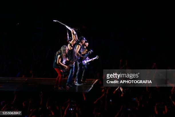 Pawel Maciwoda, Rudolf Schenker, Matthias Jabs and Klaus Meine of Scorpions perform during a concert as part of the Rock Believer Tour 2023 at...