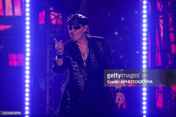 Singer Klaus Meine of Scorpions performs during a concert as part of the Rock Believer Tour 2023 at Cuscatlan stadium on April 08, 2023 in San...