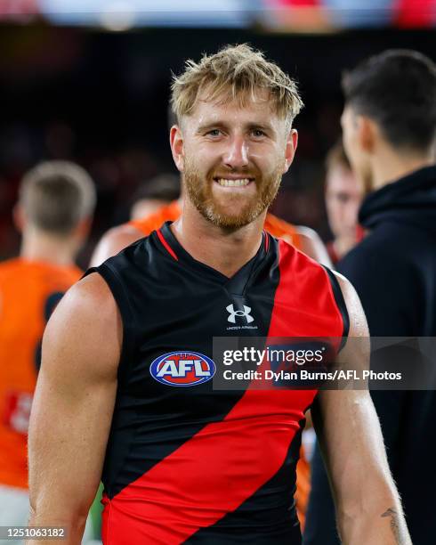 Dyson Heppell of the Bombers celebrates during the 2023 AFL Round 04 match between the Essendon Bombers and the GWS Giants at Marvel Stadium on April...