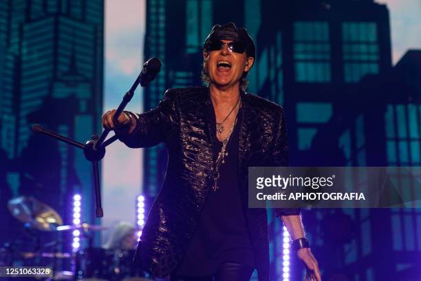 Singer Klaus Meine of Scorpions performs during a concert as part of the Rock Believer Tour 2023 at Cuscatlan stadium on April 08, 2023 in San...