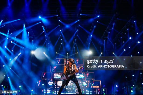 Guitarist Rudolf Schenker of Scorpions performs during a concert as part of the Rock Believer Tour 2023 at Cuscatlan stadium on April 08, 2023 in San...