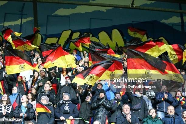 Fans of germany with flags during the Women's international friendly match between Netherlands and Germany at Fortuna Sittard Stadion on April 7,...
