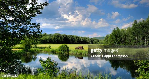 farmland near bethel, maine usa with small pond, tractor, and beautiful meadow in the countryside - panoramic farm stock pictures, royalty-free photos & images