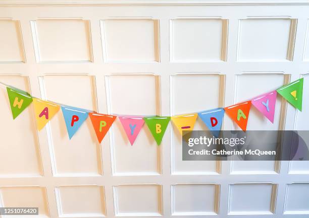 cheerful homemade happy birthday banner - birthday flag stock-fotos und bilder