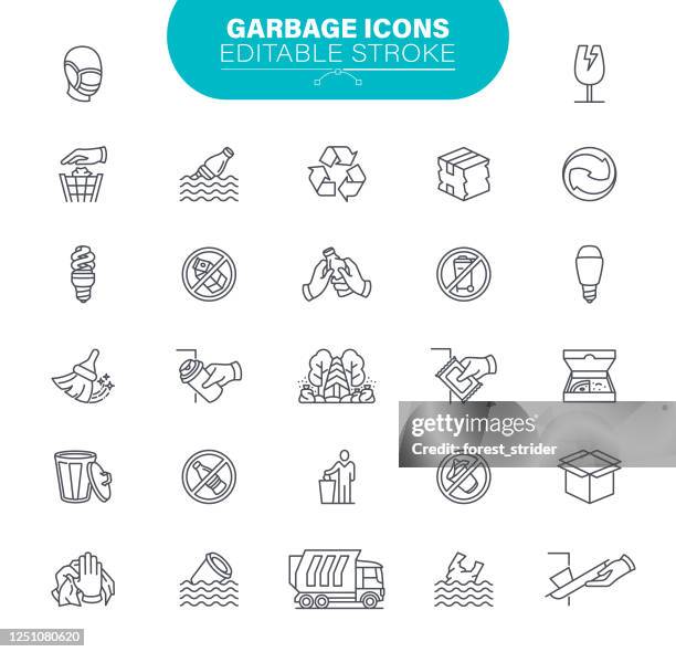ilustraciones, imágenes clip art, dibujos animados e iconos de stock de iconos de basura. set contiene el icono como paquete, reciclaje, residuos orgánicos, plástico, lata de aluminio, ilustración - polietileno