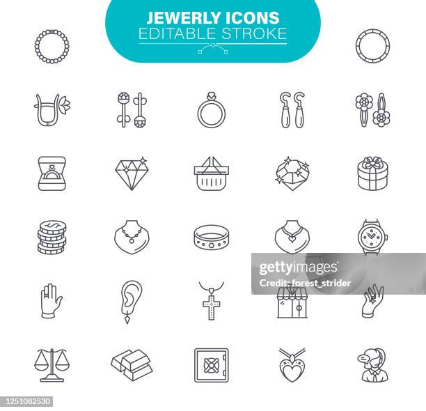 stockillustraties, clipart, cartoons en iconen met sieraden iconen. set bevat pictogram als edelstenen, juweel, accessoires, ring, illustratie - picto bijoux