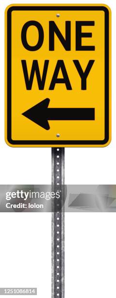 yellow one way road sign vector illustration on white background - one direction stock illustrations