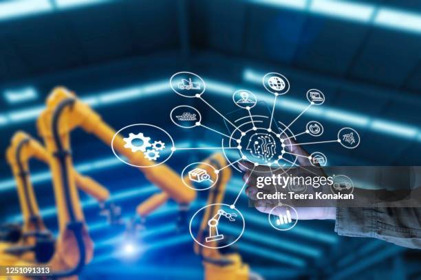 engineer manager hand using tablet with icon on virtual screen, smart factory technology interface, new generation technology concept. - internet of things stock-fotos und bilder