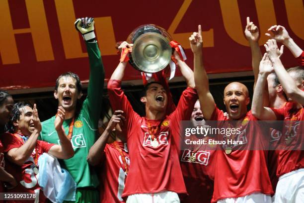 Cristiano Ronaldo of Manchester United lifts the trophy after the UEFA Champions League final between Manchester United and Chelsea at the Luzhniki...