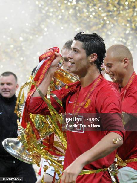 Cristiano Ronaldo of Manchester United celebrates after the UEFA Champions League final between Manchester United and Chelsea at the Luzhniki Stadium...