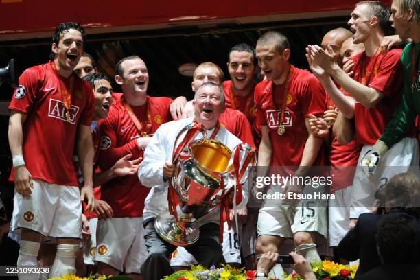 Manchester United manager Alex Ferguson lifts the trophy after the UEFA Champions League final between Manchester United and Chelsea at the Luzhniki...