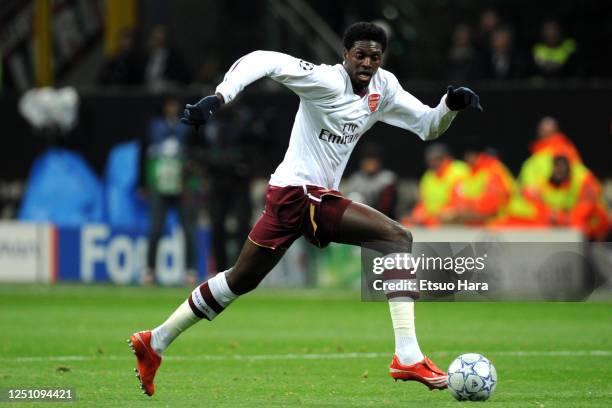 Emmanuel Adebayor of Arsenal in action during the UEFA Champions League Round of 16 second leg match between AC Milan and Arsenal at the Stadio...