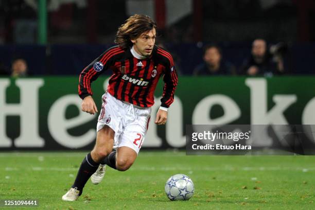 Andrea Pirlo of AC Milan in action during the UEFA Champions League Round of 16 second leg match between AC Milan and Arsenal at the Stadio Giuseppe...
