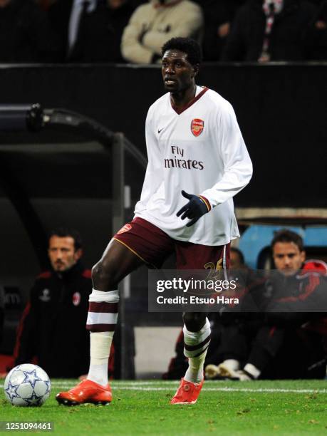 Emmanuel Adebayor of Arsenal in action during the UEFA Champions League Round of 16 second leg match between AC Milan and Arsenal at the Stadio...