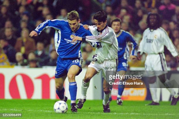Andriy Shevchenko of Dynamo Kyiv and Christian Panucci of Real Madrid compete for the ball during the UEFA Champions League Round of 16 first leg...