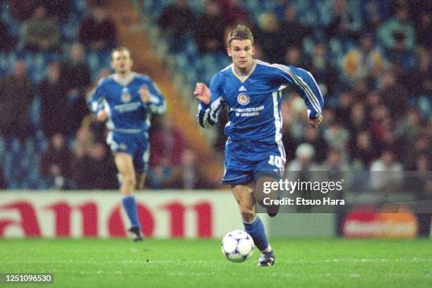 Andriy Shevchenko of Dynamo Kyiv in action during the UEFA Champions League Round of 16 first leg match between Real Madrid and Dynamo Kyiv at the...