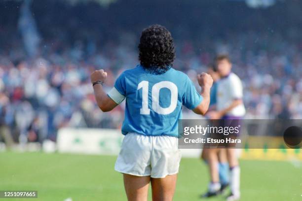 Diego Maradona of Napoli celebrates during the Serie A match between Napoli and Fiorentina at the Stadio Pao Paulo on May 10, 1987 in Naples, Italy.