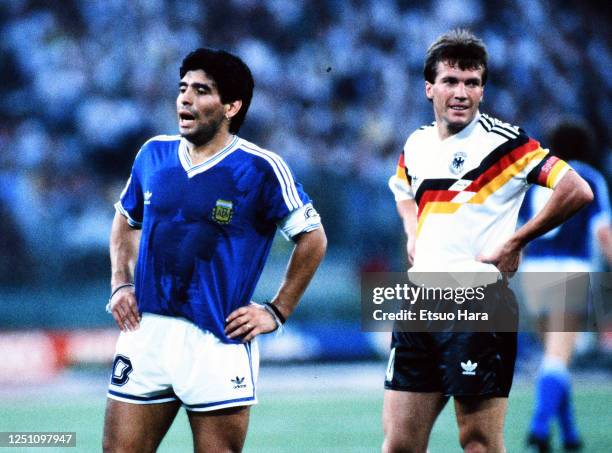 Diego Maradona of Argentina and Lothar Matthaeus of West Germany are seen during the FIFA World Cup Italy Final match between West Germany and...