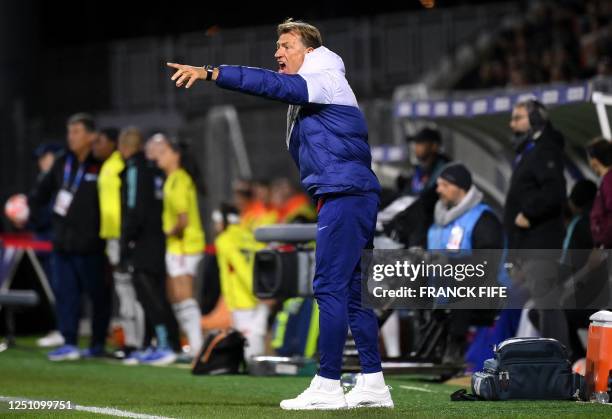 France's head coach Herve Renard reacts during the women's international friendly football match between France and Colombia at Stade Gabriel...