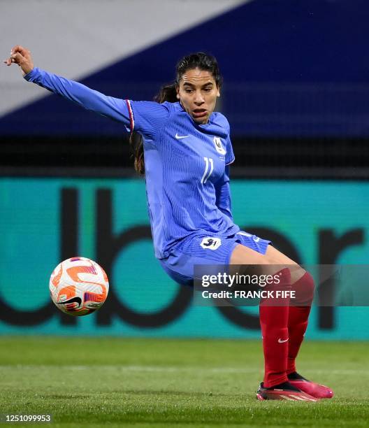 France's midfielder Amel Majri controls the ball during the women's international friendly football match between France and Colombia at Stade...