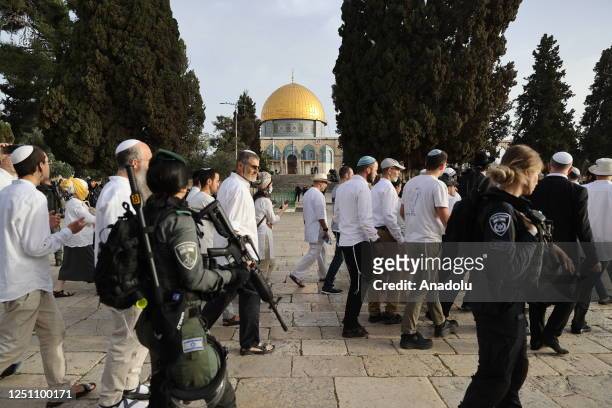 Activist Jewish settlers accompanied by the Israeli police raid the Al-Aqsa Mosque in East Jerusalem, on April 09, 2023.