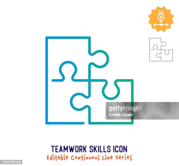teamwork skills continuous line editable stroke line - jigsaw puzzle stock illustrations