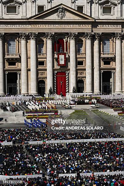 General view swhows St. Peters' basilica and St. Peter's square during the Pope's Easter Sunday mass on April 9, 2023 at St. Peter's square in The...