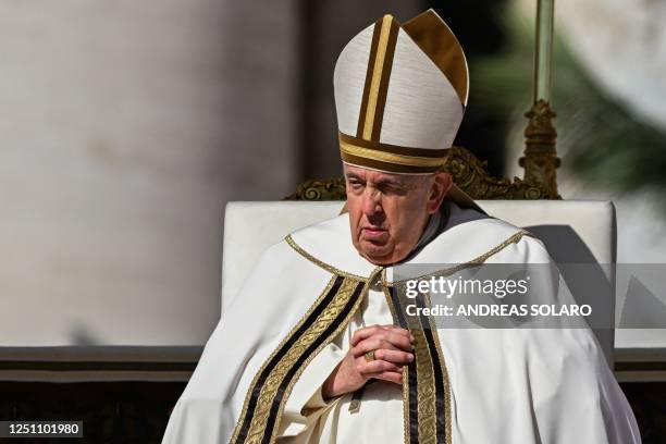 Pope Francis leads the Easter Sunday mass on April 9, 2023 at St. Peter's square in The Vatican, as part of celebrations of the Holy Week.