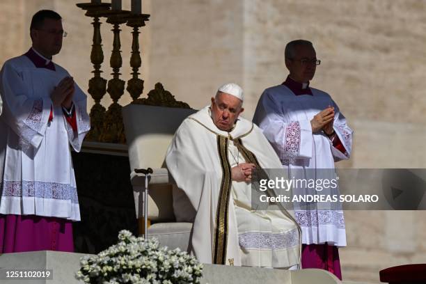 Pope Francis leads the Easter Sunday mass on April 9, 2023 at St. Peter's square in The Vatican, as part of celebrations of the Holy Week.