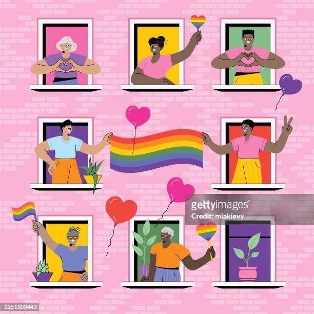 illustrazioni stock, clip art, cartoni animati e icone di tendenza di lgbtq pride a casa - gruppo multietnico