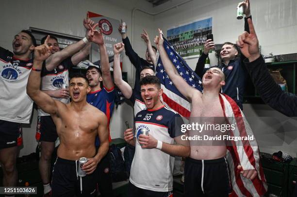 New York , United States - 8 April 2023; New York players including Connell Ahearne, centre, and Daniel O'Sullivan, left, celebrate after the...