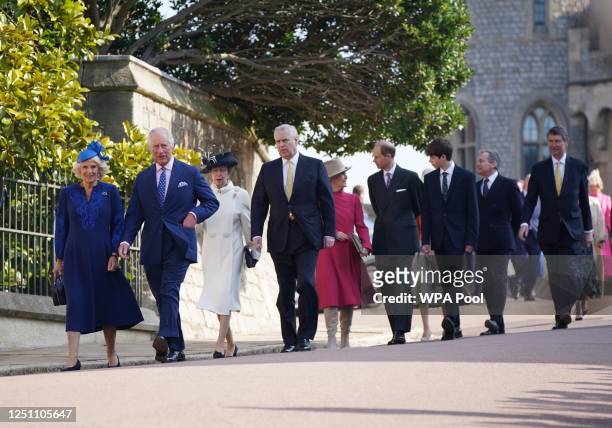 King Charles III and Camilla, Queen Consort lead members of the royal family as they attend the Easter Mattins Service at Windsor Castle on April 9,...