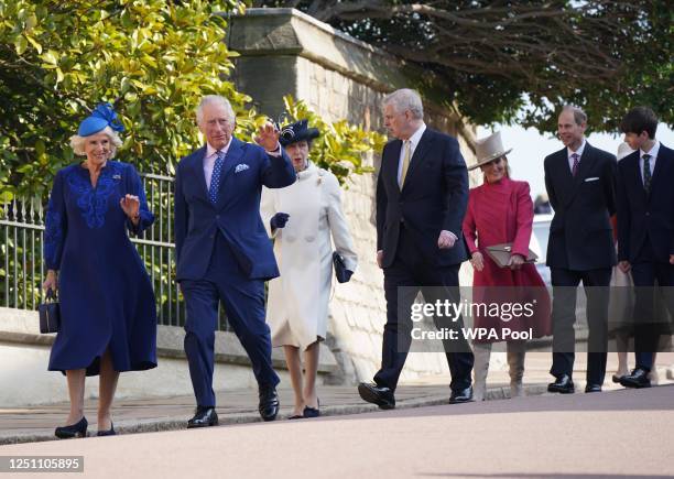 King Charles III and Camilla, Queen Consort lead members of the royal family as they attend the Easter Mattins Service at Windsor Castle on April 9,...