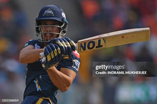 Gujarat Titans' Abhinav Manohar plays a shot during the Indian Premier League Twenty20 cricket match between Gujarat Titans and Kolkata Knight Riders...