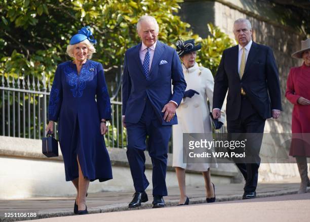 King Charles III and Camilla, Queen Consort, Princess Anne, Princess Royal and the Prince Andrew, Duke of York attend the Easter Mattins Service at...