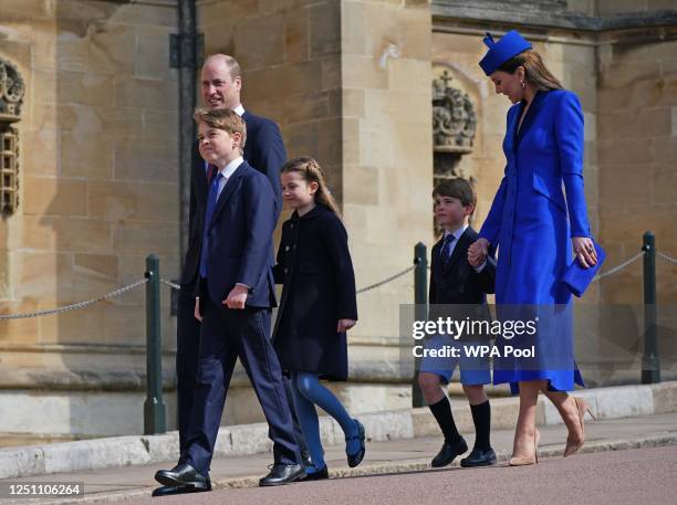 Prince George of Wales, Prince William, Prince of Wales, Princess Charlotte of Wales, Prince Louis of Wales and Catharine, Princess of Wales attend...