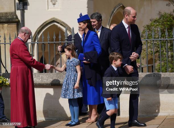 Catherine, Princess of Wales and William, Prince of Wales are seen with Princess Charlotte and Prince Louis after attending the Easter Mattins...