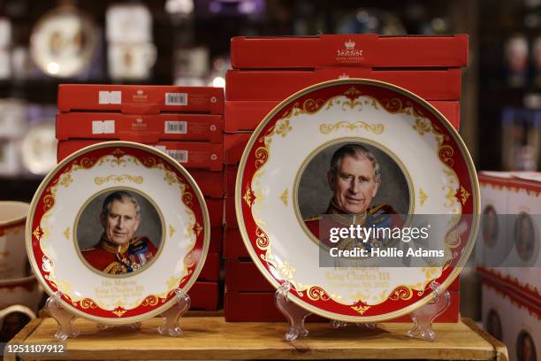 King Charles III plates for sale ahead of his Coronation on April 9, 2023 in London, England. The Coronation of King Charles III and The Queen...