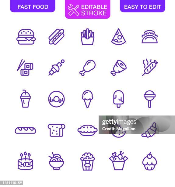fast food icons set editable stroke - pizza with ham stock illustrations