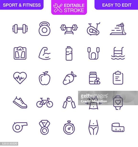 ilustraciones, imágenes clip art, dibujos animados e iconos de stock de iconos de deporte y fitness establecer trazo editable - entrenamiento con pesas