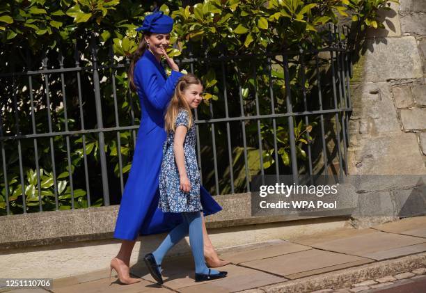 Catherine, Princess of Wales with Princess Charlotte leave after attending the Easter Mattins Service at St George's Chapel at Windsor Castle on...