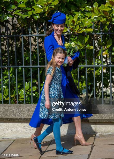 Catherine, Princess of Wales and Princess Charlotte attend the Easter Mattins Service at Windsor Castle on April 9, 2023 in Windsor, England.