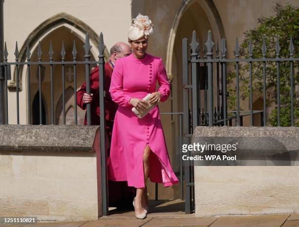 Zara Tindall leaves after attending the Easter Mattins Service at St George's Chapel at Windsor Castle on April 9, 2023 in Windsor, England.